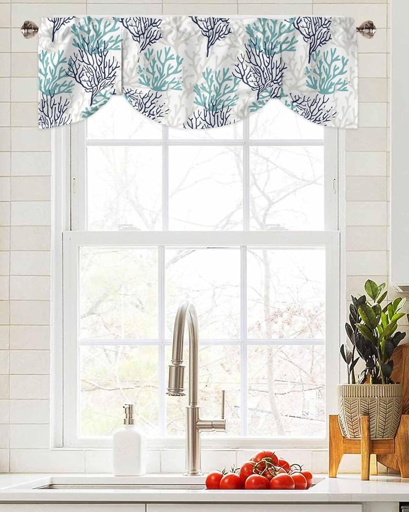 RisQiten Teal Blue Grey Coral Coastal Tie Up Valance Curtains for Windows, Summer Beach Kitchen Curtains Window Treatments, Sea Nautical Short Window Shades Valances for Bedroom Bathroom Cafe 54"x18" - Image 4